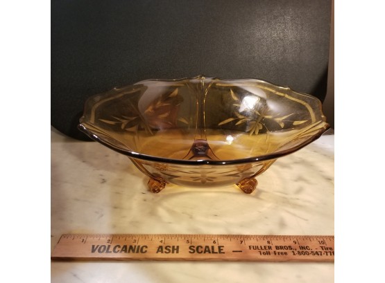 Footed Etched Amber Color Glass Bowl Dish