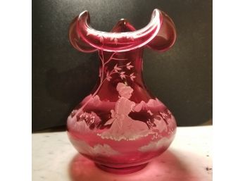 Signed Limited Edition Fenton Art Glass Vase 'friends At Play' Cranberry Glass