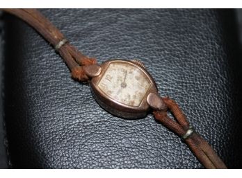 Vintage LeCoultre 10K Gold Filled Ladies Watch - Does Not Run, Crown Sets Hands, Damaged Leather Strap