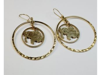 Gold Tone Die Cut Buffalo Nickel Hanging Hoop Earrings*