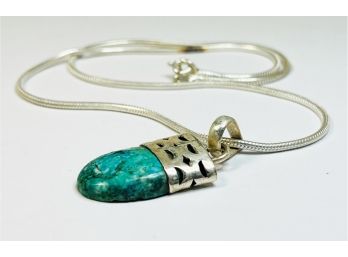 New Sterling Silver Natural Carved Turquoise Pendant And Necklace*