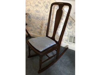 Vintage Rocking Chair With Blue Upholstered Seat