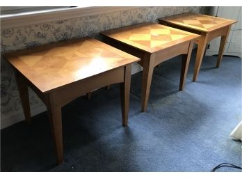 3 Matching Side Tables With Diamond Pattern Top In Blonde Wood