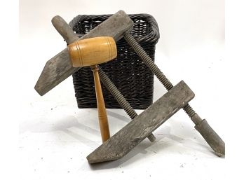 A Primitive Wood Vise, Basket And Mallet