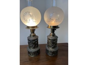 Pair Of Antique Brass Repousse Lamps With Frosted Glass Globe Shades