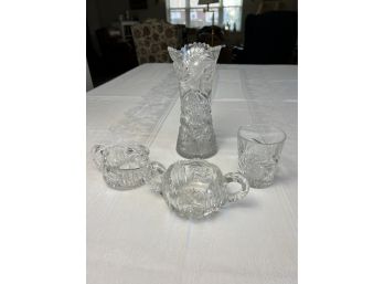 Antique American Brilliant Cut Glass Vase, Cup, Sugar Bowl & Creamer
