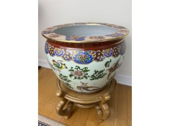 Vintage Chinese Fish Bowl On A Wooden Stand
