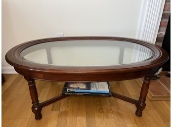 Oval Mahogany Framed Coffee Table With Inlaid Beveled Glass Top