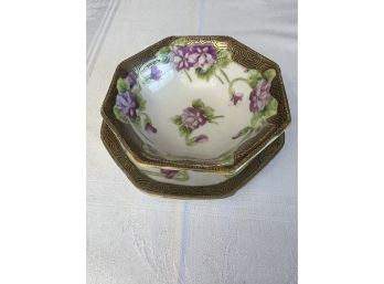 Antique Nippon Octagonal Bowl & Saucer With Violet Pattern