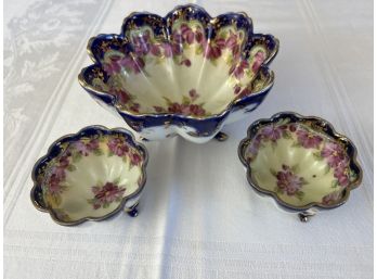 Antique Unmarked Japanese Footed Dish With Pair Of Small Footed Salts