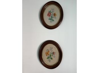 Pair Of Antique Floral Paintings On Cloth, Initialed E.S.