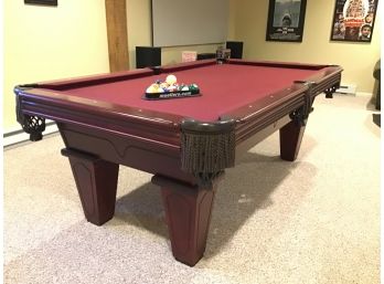 Pool Table - Burgundy Felt, Drop Pockets With Leather Top, Triangle Rack And Ball Set (Pickup By Appointment)