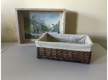 Woven Basket With Liner And Handpainted Tray With Handles