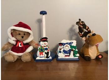 Kids Christmas Lot - Paper Towel Holder, Napkin Holder, Stuffed Bear And Reindeer