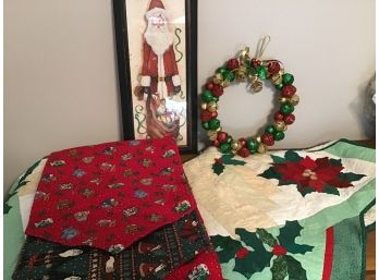 Christmas  Lot - Handmade Tree Skirt, Double Sided Runner, Jingle Bell Wreath And Santa Print