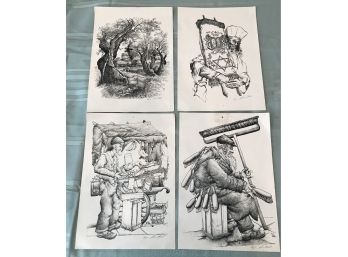 Four Pieces Of Art- Raised Ink, Pen Signed