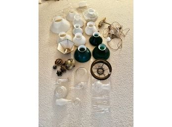 A Large Group Of Glass Shades And Vintage Lamp Parts