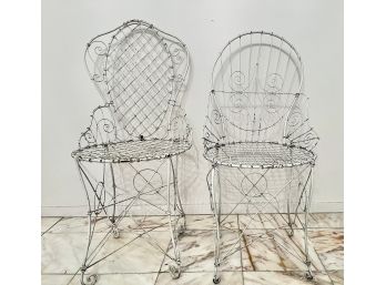 Two Antique White Paint Decorated Wrought Iron Chairs