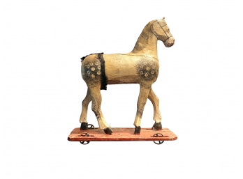 Antique Hand Carved Wood Toy Horse On Wheels