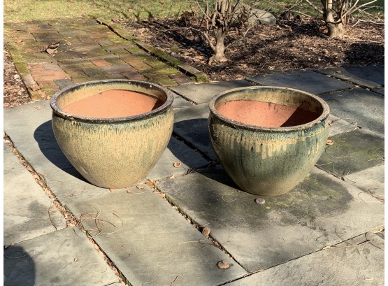 Pair Of Spinach-glazed Terra-cotta Pots