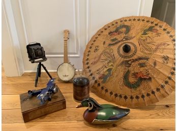 Group Of Decorative Items, Vintage Parasol And Banjo