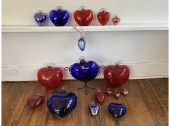 Group Of 17 Hand-Blown Glass Hearts With Iron Stand