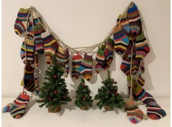 Three Strings Of Sock Garland And 5 Mini Trees