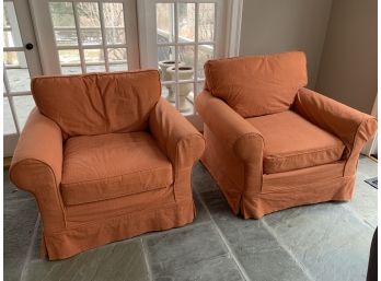 Pair Of Tangerine Pottery Barn Slip Covered Arm Chairs
