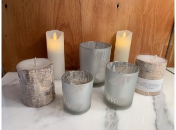 Electric Candles (Crate And Barrel Birch) And Snowflake Candle Holders