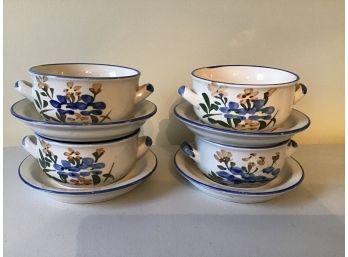 Set Of 4 Handpainted Stoneware Soup Crocks