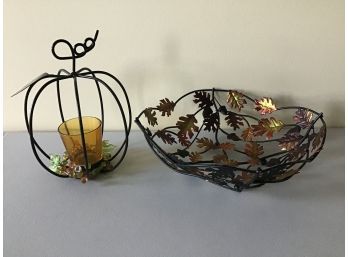 Autumnal Decor - Metal Pumpkin Votive Holder And Leafy Bowl