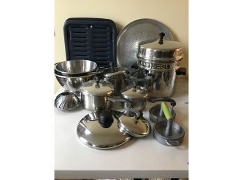 Nice Collection Of Cookware - Various Size Pots, Pans, Strainers, Hamburger Press - Mostly Farberware