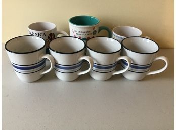 Set Of 4 Blue Striped Mugs And 3 Novelty Mugs