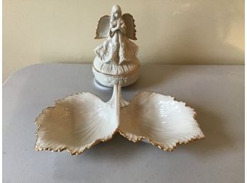 Lenox Praying Angel Music Box And Double Leaf Candy/ Nut Bowl