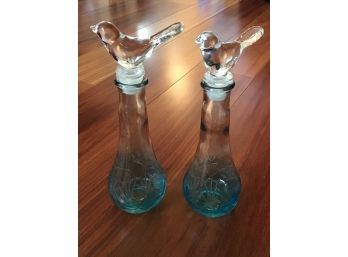 Pair Of Vintage Turquoise Glass Apothecary Bottles With Bird Stoppers