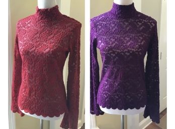 Forenza Semi Sheer Lace Mock Turtleneck Tops With Scalloped Sleeves, Red And Purple - Size M