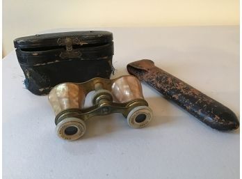 1800s Mother Of Pearl And Brass Crescent Opera Glass Binoculars With Case And Antque Eyeglass Case