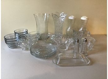 Crystal And Glass Lot - Vases, Salt/pepper, Small Bowls, Butter Dish, Plus