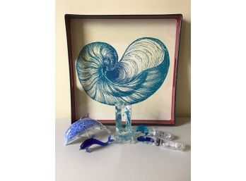 Enamel Tray And Glass Dolphins Figurines And Paperweight