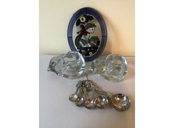 Cat Lovers Lot - Pair Of Crystal Candle Holders, Stained Glass Sun Catcher, Measuring Spoons