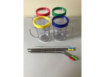 New - Plastic Cups And Stainless Steel Straws Plus Straw Cleaning Brush