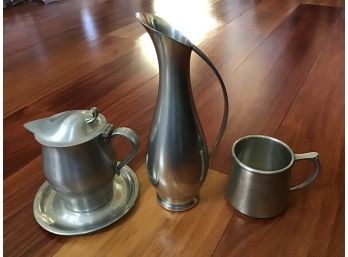 Pewter Lot - 1960s Royal Holland Daalderop Pitcher, Anationa Syrup Pitcher, Conn House Cup