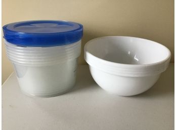 New - 7 Sure Fresh Containers With Lids And 4 White Plastic Bowls