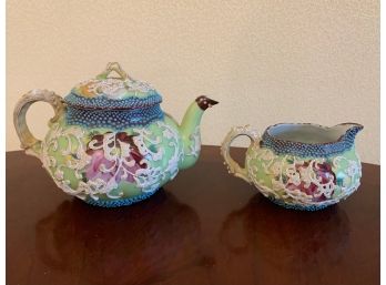 Rare Moriage Tea Pot And Creamer, Intricate Design In Very Nice Condition