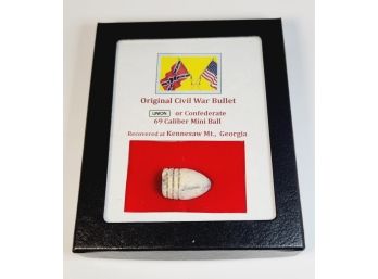 Original Civil War Bullet In Display Case - 68 Caliber Recovered From Kennesaw Mt,  Georgia