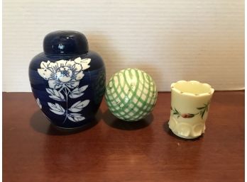 3 Pc. Lot Includes Fenton Toothpick Holder And Hand Painted Blue Ginger Jar