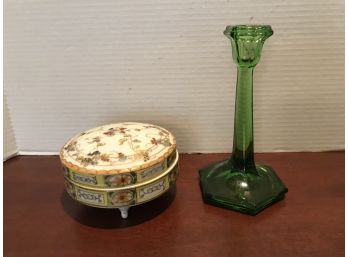 Covered Nippon Box & Green Glass Candlestick Holder