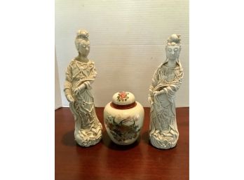2 Porcelain Statues & Satsuma Ginger Jar