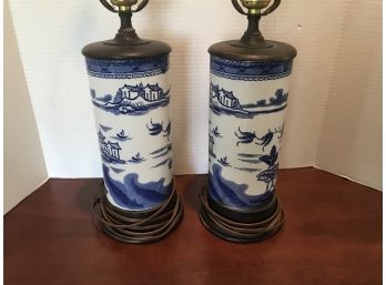 Pair Of Vintage Asian Blue And White Lamps