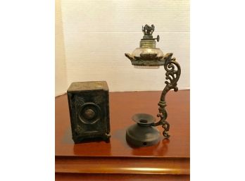 Antique Metal Safe Box  & Oil Lamp
